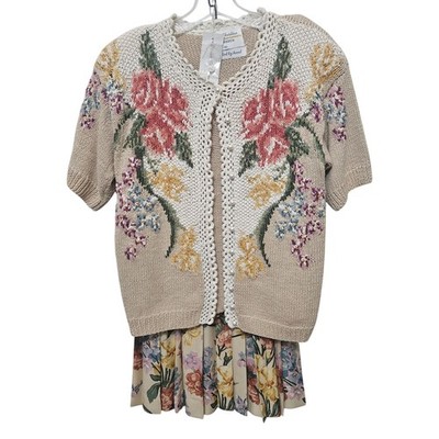 Marisa Christina SS Cardigan Pleated Skirt Set Floral Cottagecore Grandma Medium