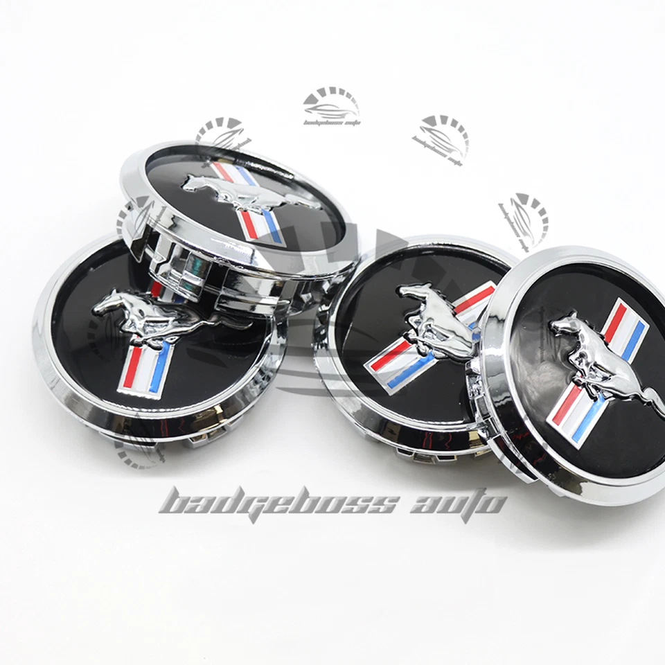 4Pack For 2012-2025 Mustang GT Black w/ Chrome Running Horse Wheel Center Caps Foto 2 de 4
