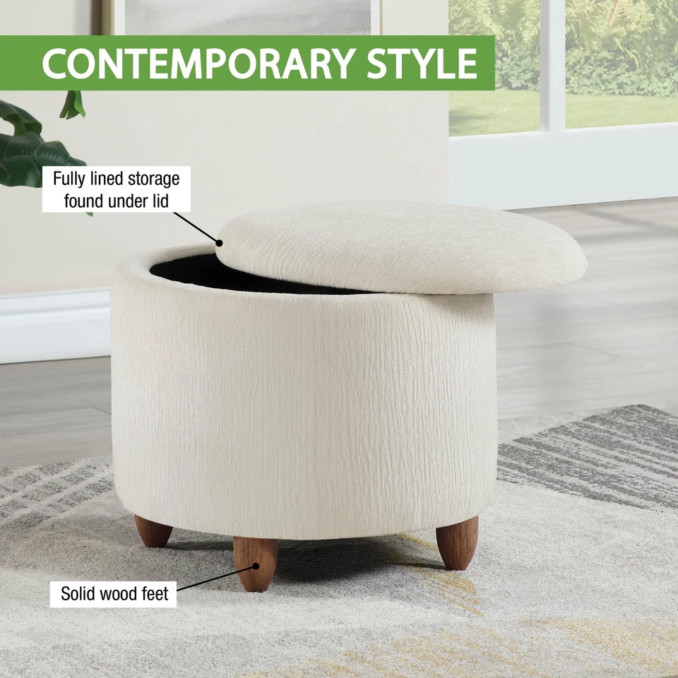 Otomana de almacenamiento redonda contemporánea Lyra con tapa despegable, tela blanca como la nieve Foto 2 de 4