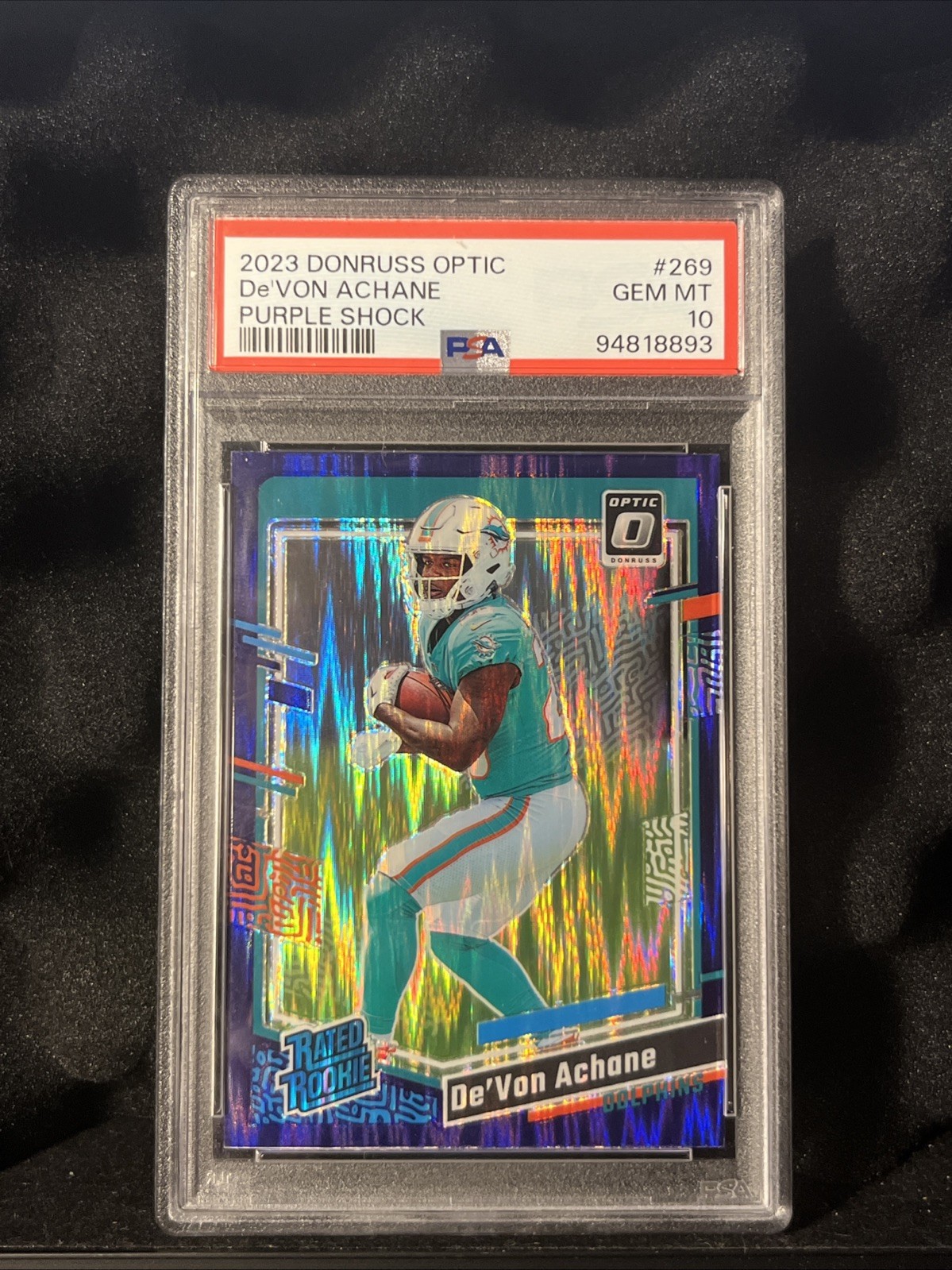 2023 Panini Donruss Optic - Rated Rookie De'Von Achane #269 Purple Shock PSA 10