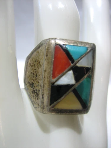 New ListingVINTAGE STERLING SILVER MEN'S MULTI GEMSTONE INLAY RING SIZE 4 FOR REPAIR