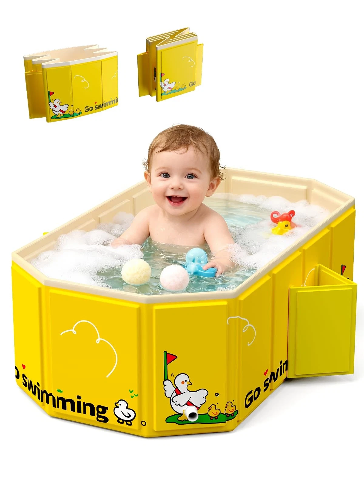 VBABY Collapsible Baby Bathtub, Portable Toddler Bathtub with 2 Drain Yellow