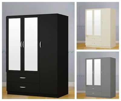 Hochglanz 3-türiger Kleiderschrank mit Spiegel und 2 Schubladen Hängeschiene Schlafzimmer Stauraum