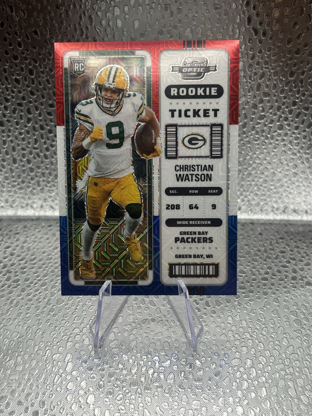 2022 Contenders Optic #66 Christian Watson /13 Red/white/blue Mojo Rookie Ticket