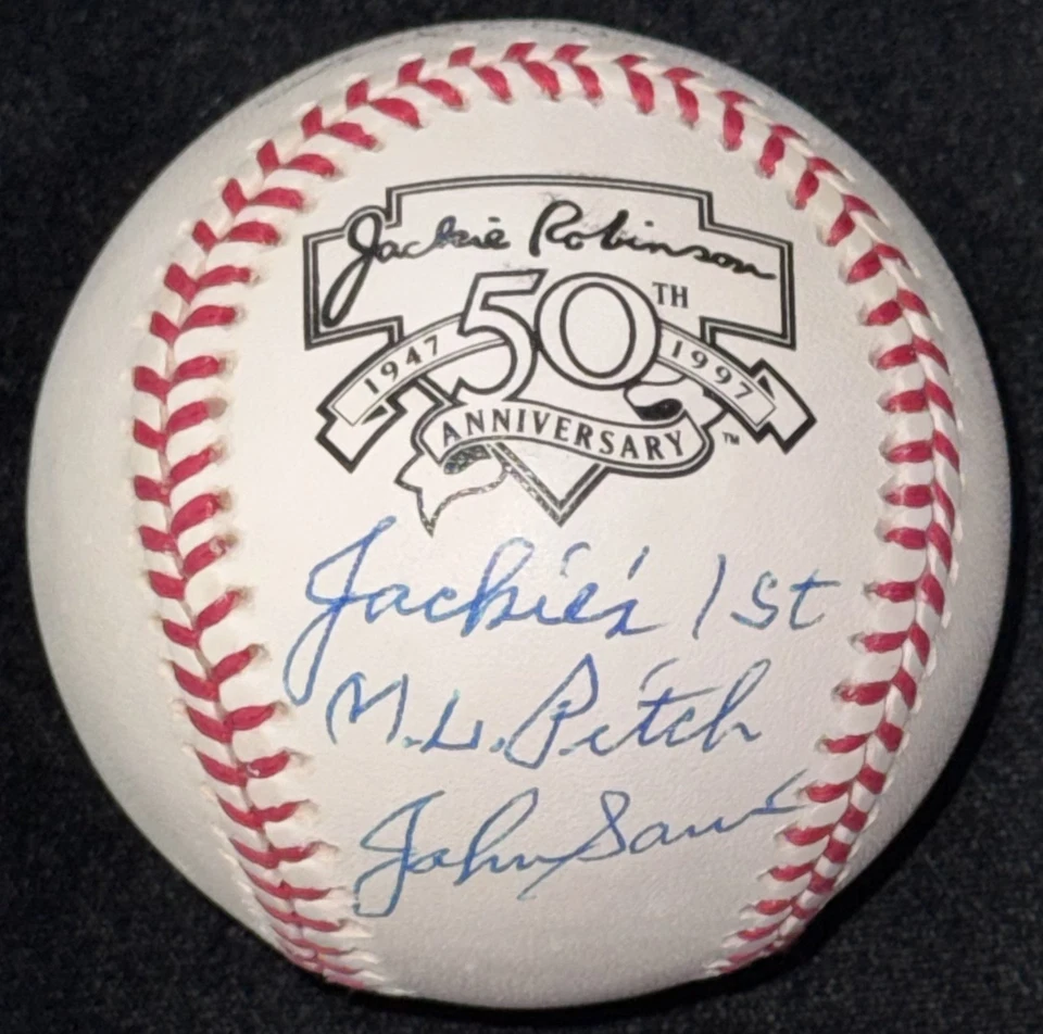 John Sain "1st Pitch Jackie Robinson Debut" Signed Baseball Auto Ball w/box JSA - Image 3 of 4