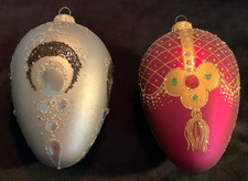 2 Large Ornate Blown Glass Eggs Christmas Glittering Ornaments. Vintage. 5 x 3