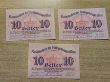 3 x Austria Pink 1920 Notgeld all 10 Heller Banknotes same set, UNC  v crisp
