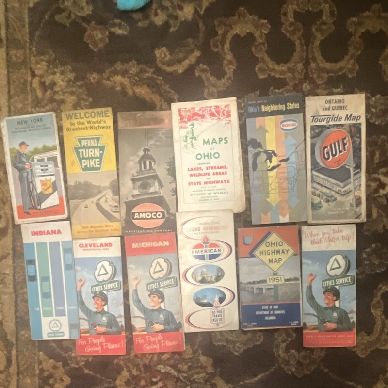 Vintage  Highway Road Map Lot12 Gulf , Amoco, Sohio, Ohio, PA, New York,Indiana.