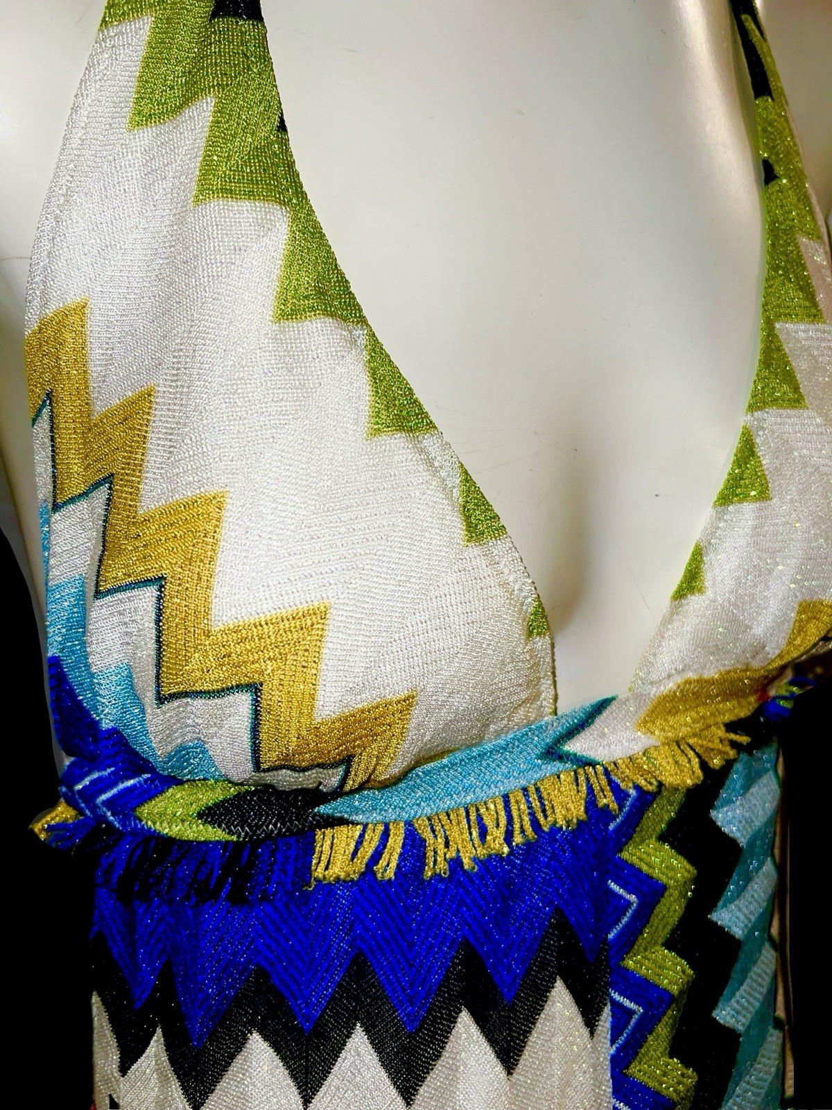 MISSONI Mare Swimsuit Lurex Shimmer Halter Chevron Fringe Swimwear Sz 46 NWT image 7