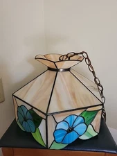 Vintage Tiffany Style Hanging Lamp Slag Glass Type Blue Floral Gorgeous 😍 