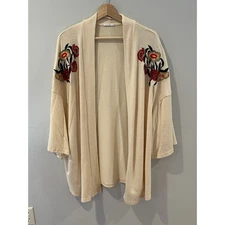 Chicsoul Cardigan Sweater Open Front Beige Floral Women's XL Boho Embroidered