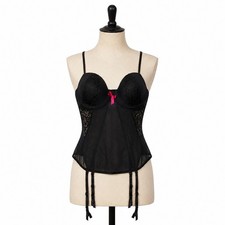 Adore Me Dandi Bustier Corset Top Jet Black Lace Garter Pink Bow 36D Lingerie M