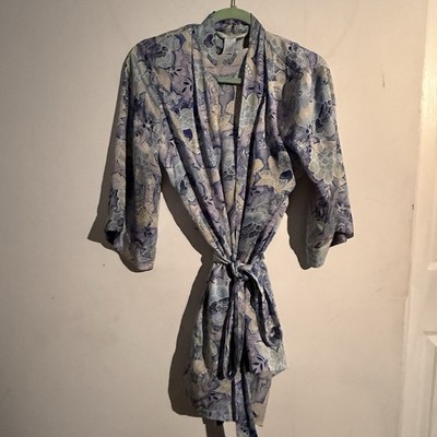 August Silk Women s Sz. S Silk Robe Short Sleeve Blue Floral Kimono Pocket