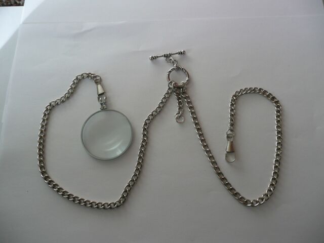 Monocle 6x Magnifier double albert silver plated pocket watch chain fob t bar