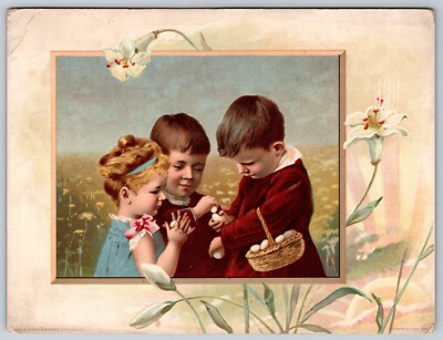 1891 Lion Coffee Easter Greeting Card Three Cute Children Basket Of Eggs
