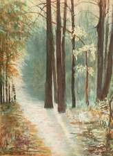 70's realist gouache painting landscape forest in the autumn