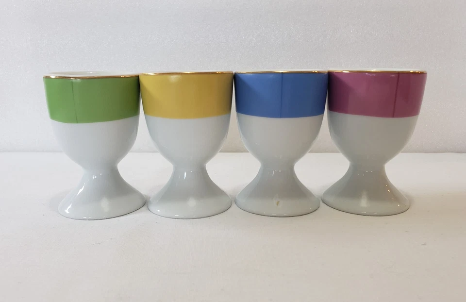 Pottery Barn Egg Cups 3 3/8" Yellow Green Pink Blue Band Coquetiers Original Box - Image 3 of 4