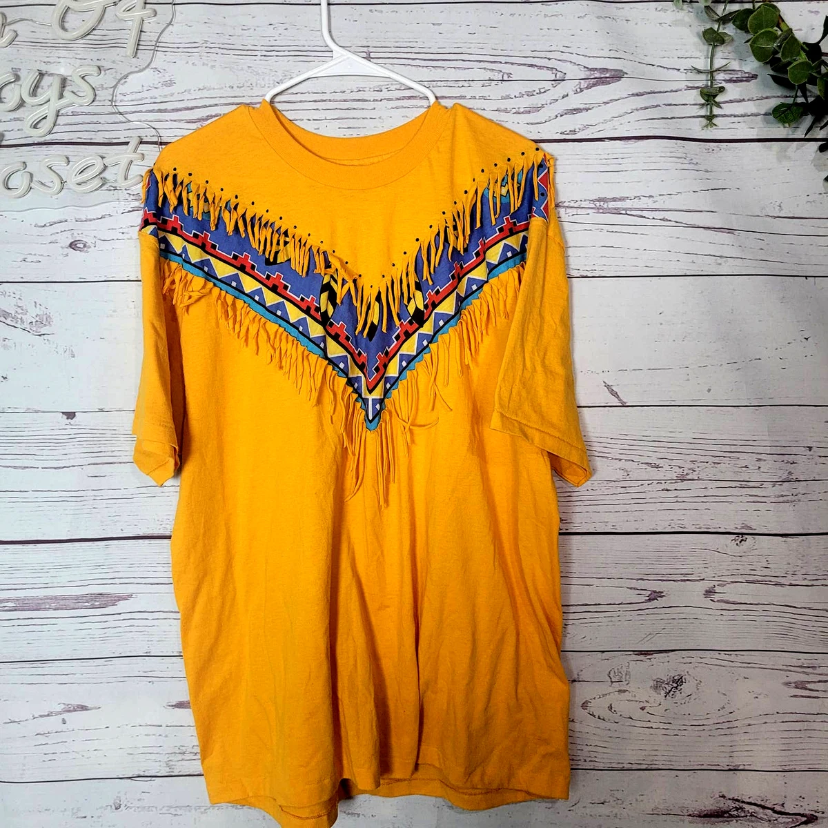 Vintage Hanes Heavyweight Tag Yellow Tribal Fringe Single Stitch T