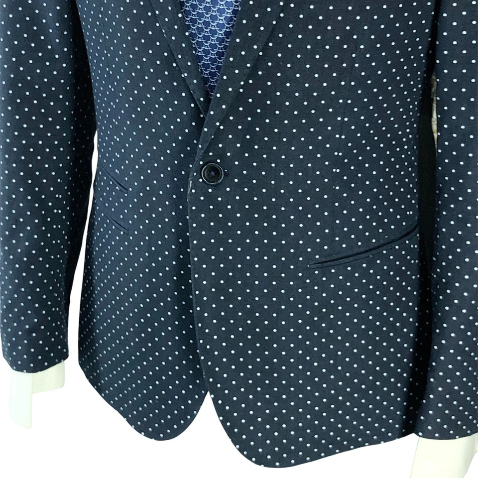 Traje Paisley y Gris Para Hombres 40R Calce Ajustado Azul Marino Blanco Lunares Mezcla de Lino Dos Piezas Foto 4 de 4