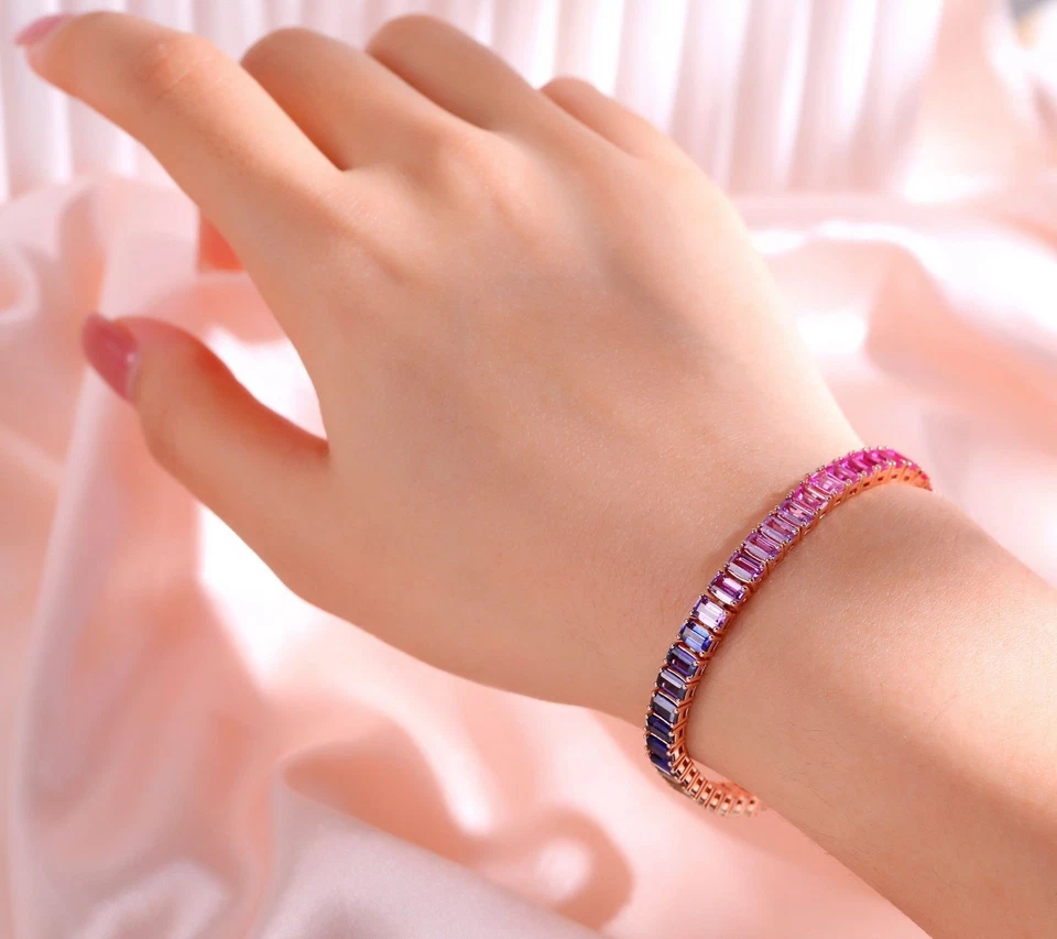 彩虹蓝宝石网球手链 – 翡翠切割多色宝石 – 14K 金色 — 第 2/4 张图片