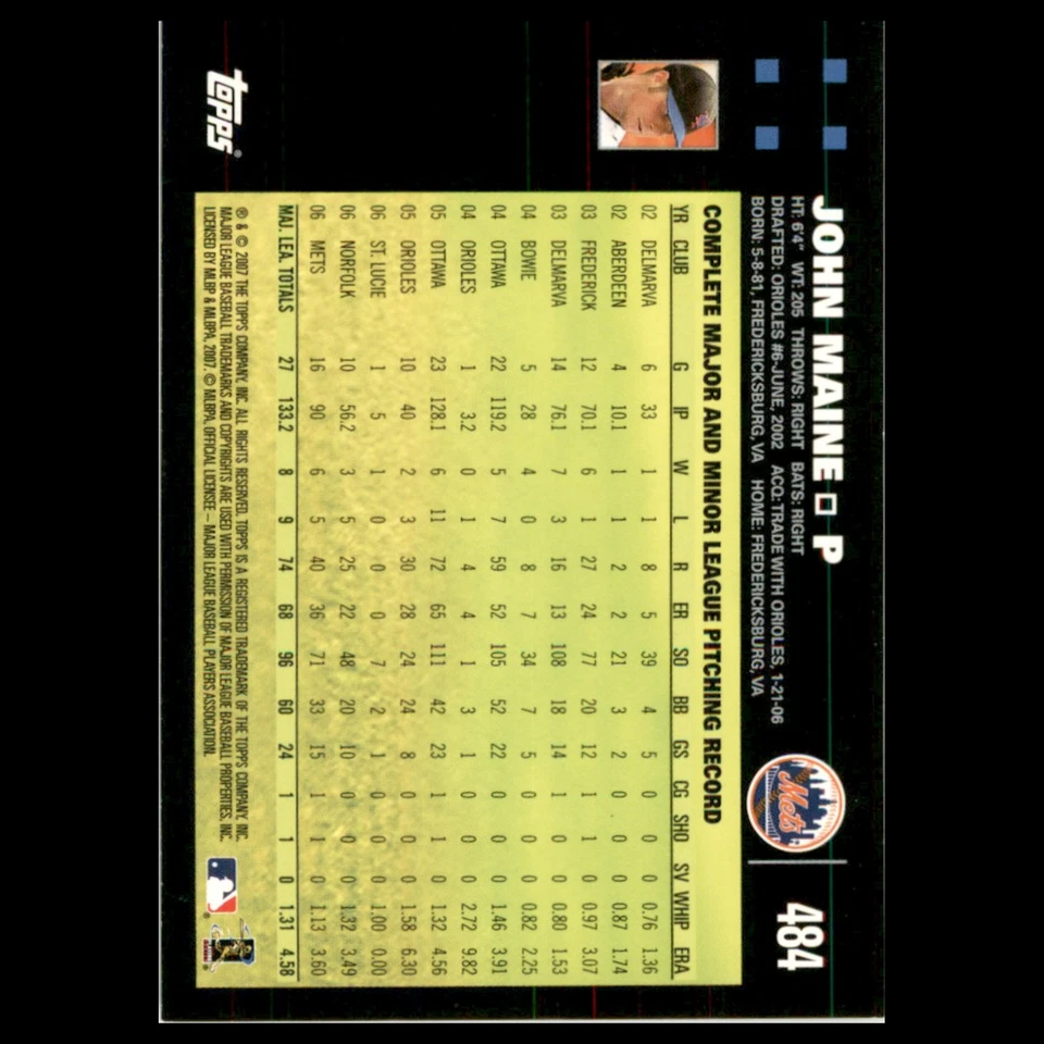 John Maine #484 2007 Topps New York Mets Baseball Card MLB NM - Image 2 of 3