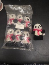 6 Pieces Vintage Plush Panda Bears, 4" Tall, with Red Ribbon Bow Hanger Loop