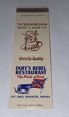 Vintage Matchbook Cover Matchcover Duff s Rebel Restaurant Winchester VA