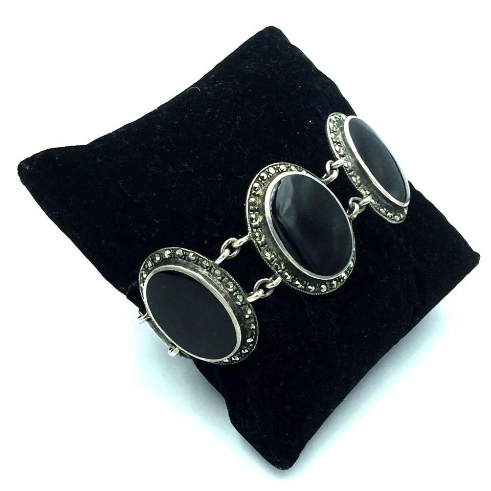 Bracciale vintage con onice e marcasiti in argento brunito 925 Made in Italy - Immagine 3 di 4