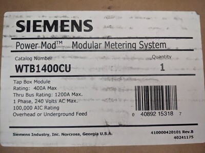 Siemens 400A Single Phase Tap Box WTB1400CU Power Mod 120/240V