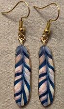DECORATED FEATHER EARRINGS, Blue - Enamel with Gold Plated Ear Wires BIRD WING