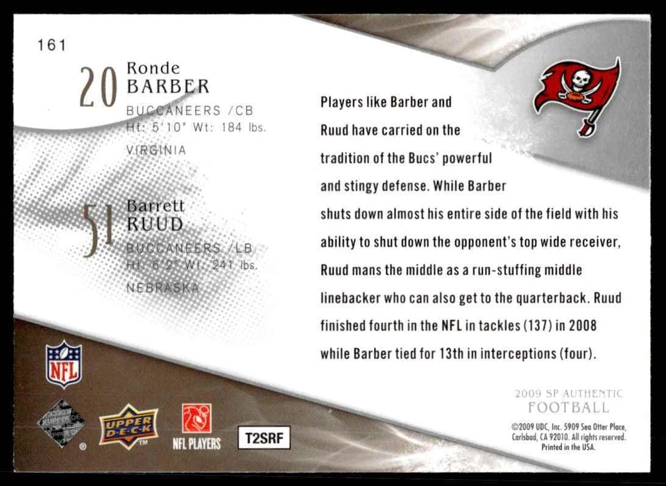 2009 SP Authentic Ronde Barber/Barrett Ruud R61 - Image 2 of 2
