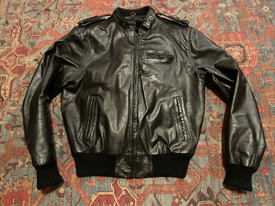 Vintage Sunlike Black Leather Cafe Racer Bomber Jacket W/Zip Out Liner 44 Medium