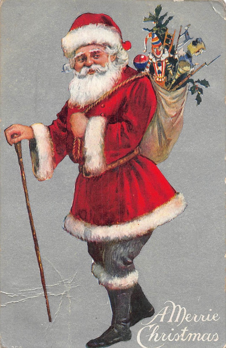 ざわ　サンタクロース J84/ Santa Claus Christmas Postcard c1910 Toys Sack Cane Red Suit