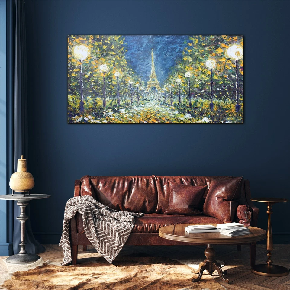 Plexiglas Acrylglasbild Wandbild 120x60 Ölgemälde Park Bäume Eiffelturm Nacht - Bild 3 von 4