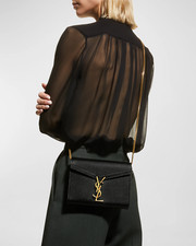 Saint Laurent Cassandra YSL Wallet on Chain Grained Black Leather Crossbody