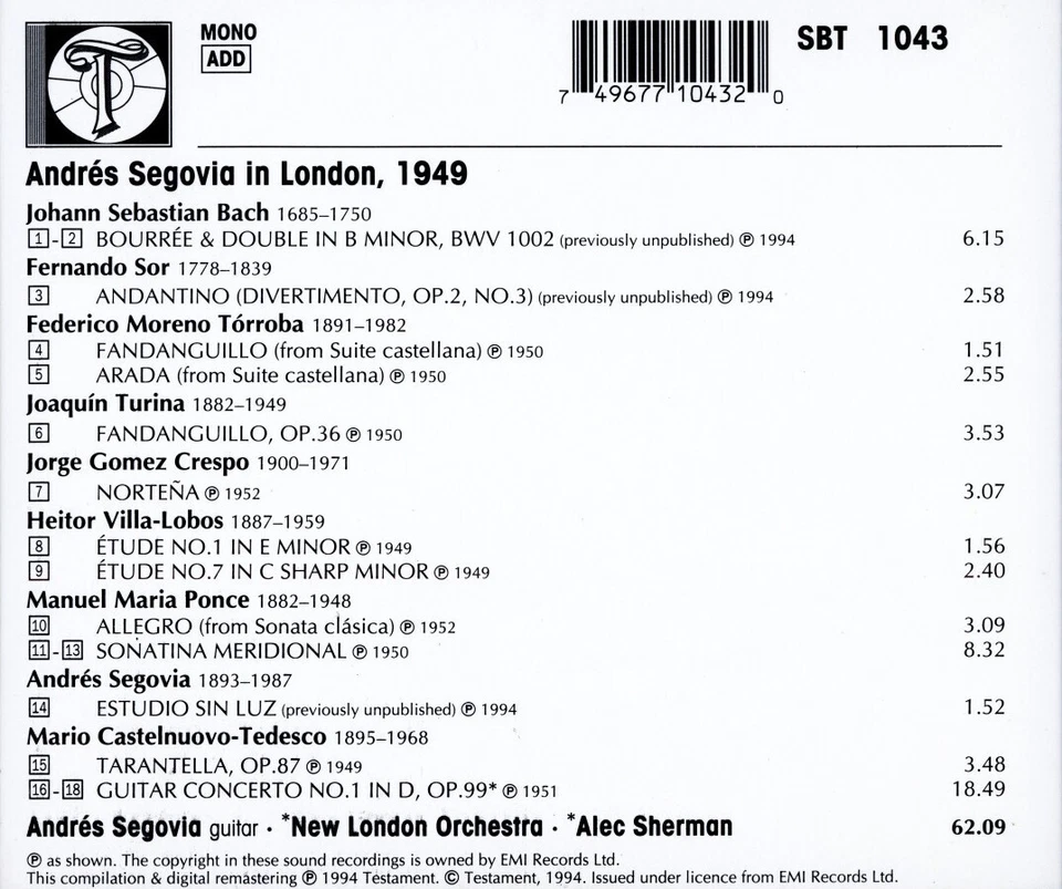 ANDRÉS SEGOVIA The Complete 1949 London Recordings (CD, 1994, Testament) - Image 2 of 2