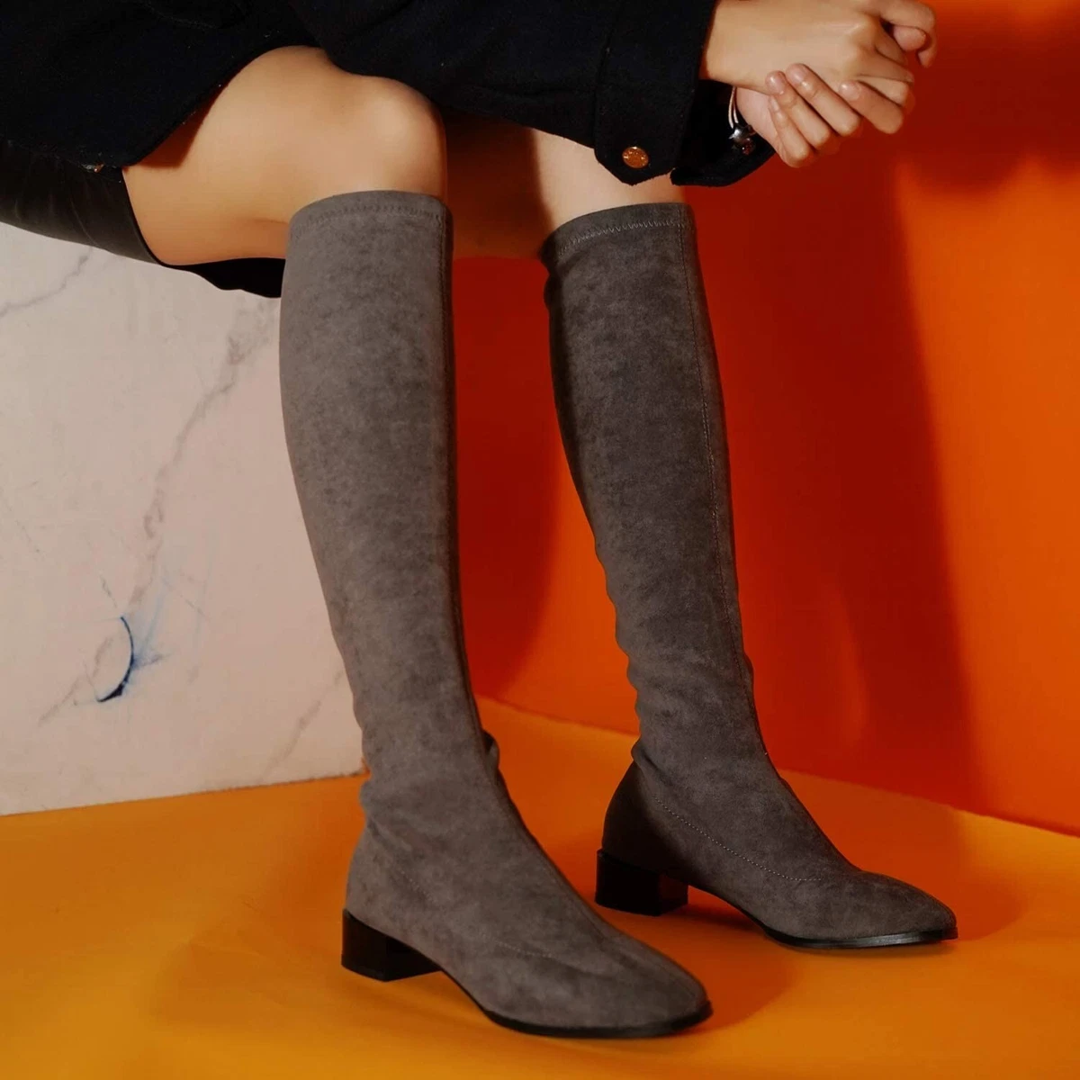 C.PARAVANO LADIES GREY SUEDE KNEE HIGH PULL ON BOOTS WITH 3.5CM HEEL SIZE UK 7.5