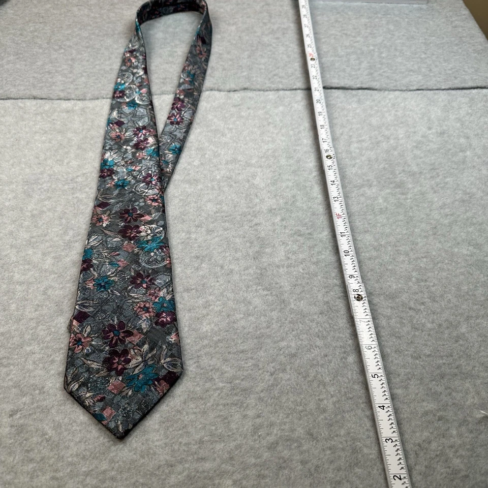 Vintage Botany 500 Textured Floral Tie Gray Teal Pink Polyester Made In USA - Image 3 of 4