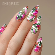 Hot Pink Tropical Hibicus Palm Leaf Nail Decals Waterslide Nail Wraps