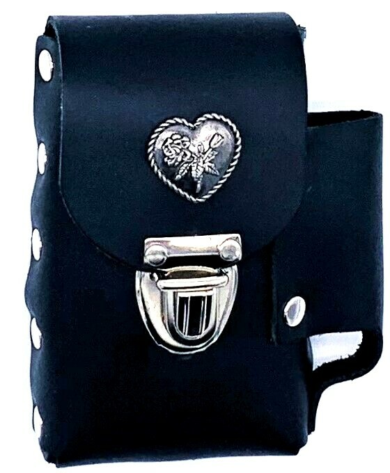 Cigarette Case Black Leather Lighter Holder Holster Heart & Rose Made in  USA