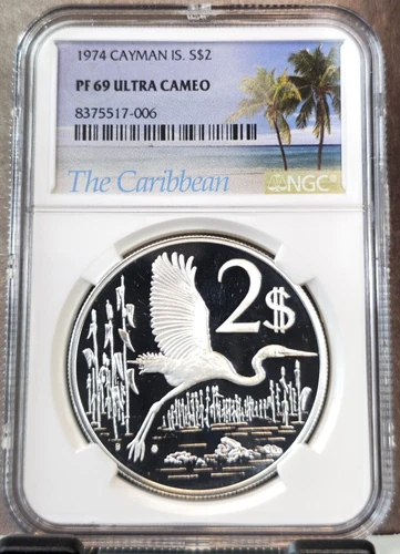 1974 CAYMAN ISLANDS SILVER 2 DOLLARS GREAT BLUE HERON NGC PF 69 ULTRA CAMEO