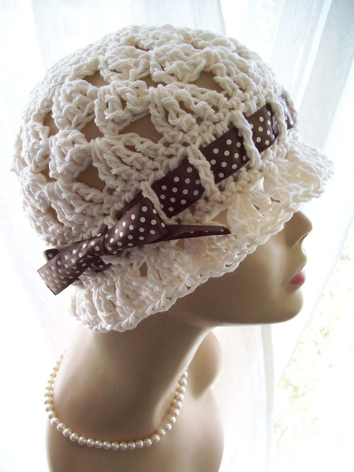 Cream Handmade Cotton Cloche 1920s Flapper Spring Summer Fall Beach Sun Hat