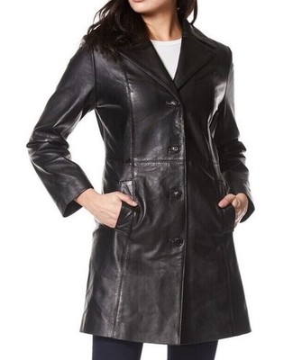 Girls & Women's Black Real Lambskin Leather Knee-Length 3/4 Classic Trench Coat