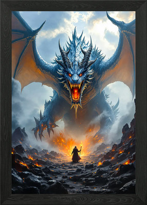 Gerahmtes Wandbild Drache und Zauberer Fantasy Kunst Poster Leinwanddruck Bild