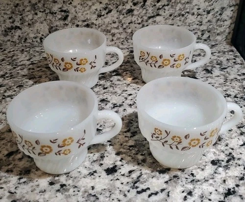 4 Vintage Milk Glass Coffee Cups Tea Cups Yellow Flowers Brown Termocrisa Brand