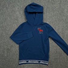 Abercrombie Hoodie Kids 7/8 Navy Blue Moose Logo Pullover Branded Hem Fleece