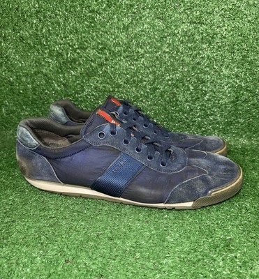 PRADA Mens Size 13 US Suede Leather Nylon Shoes Navy Red Stripe Luxury Sneakers