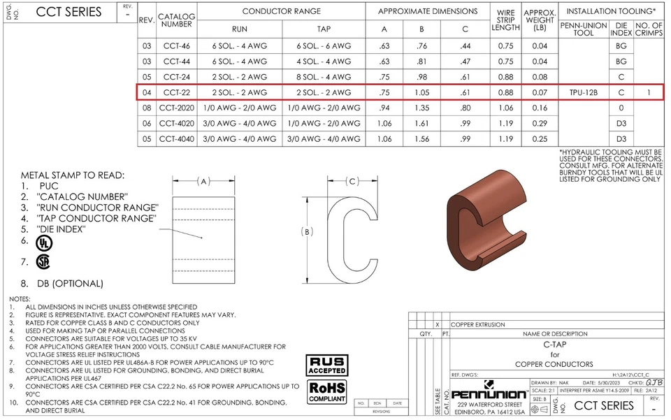 5x PUC Penn Union Copper CCT22 C-TAP CONNECTOR #2 Solid/#2AWG to #2 Sol/2AWG - Image 3 of 3