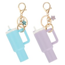Mini Cup Keychain, 2Pcs Tumbler Keychain for Lip Balm, Blue, Light Purple Flower