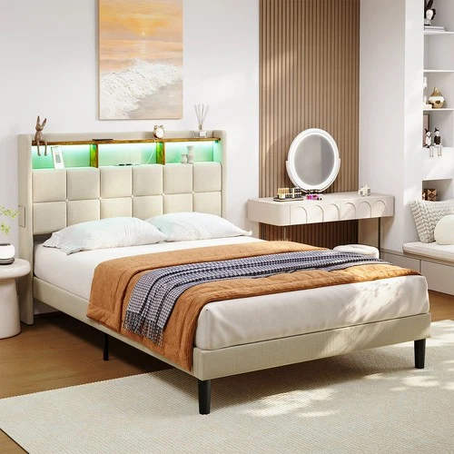 Polsterbett Doppelbett 140x200 cm Bett Bettgestell mit LED Licht /USB Lattenrost - Bild 20 von 40